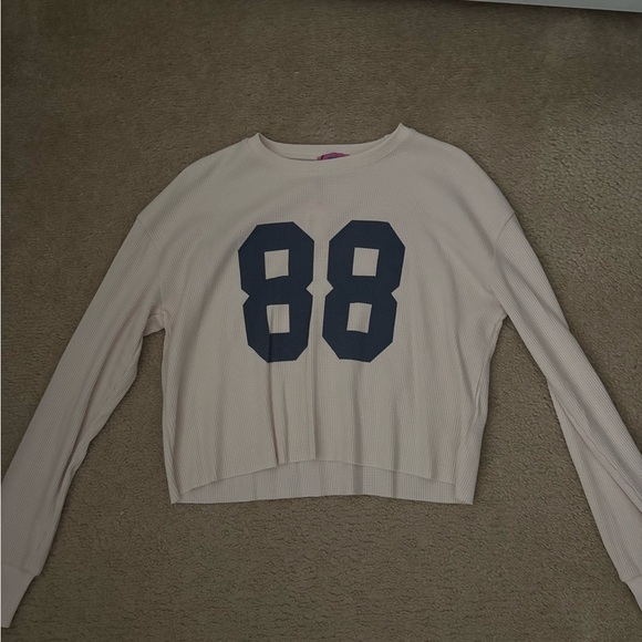 Edikted Tops - Edikted Cream Long Sleeve Top with Navy Graphic